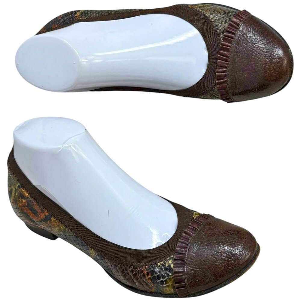 Anyi Lu Brown Snake Embossed Cap Toe Ballet Flats